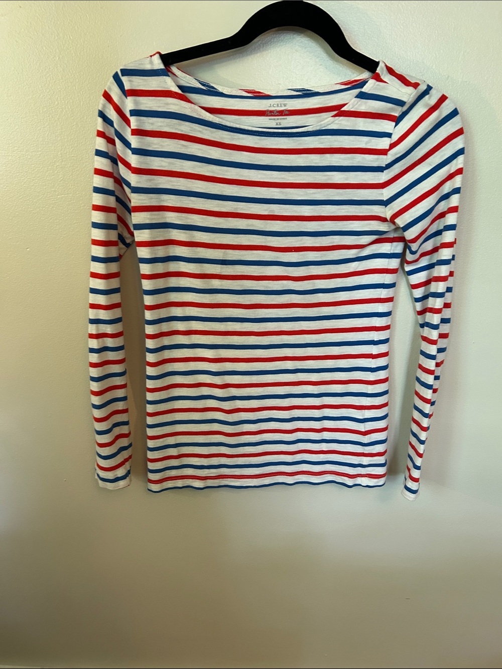 J. Crew White Long Sleeve Striped Boatneck Tee with Red & Blue Stripes